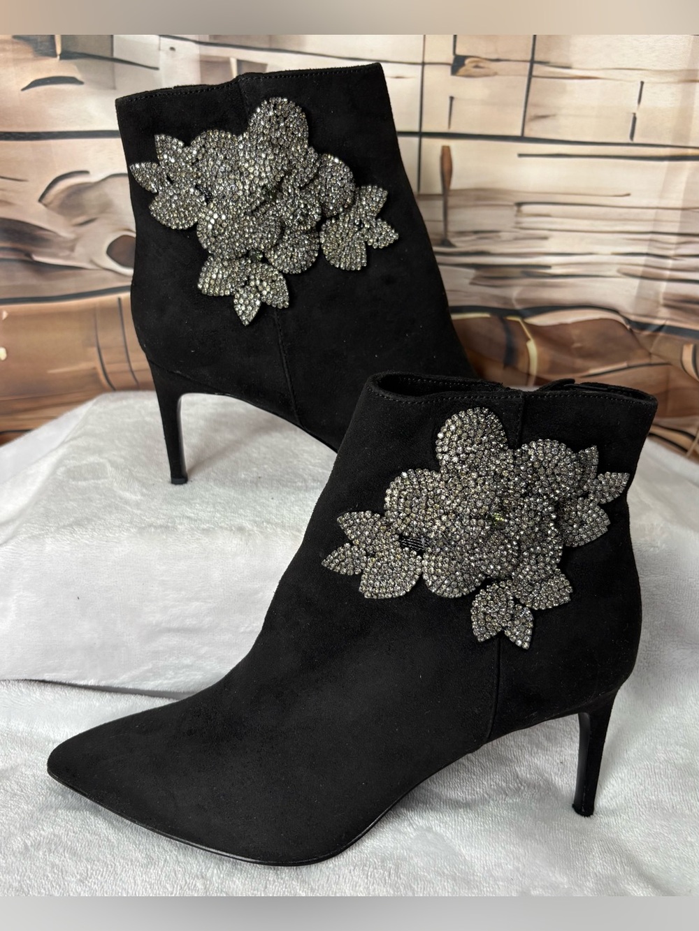 White House Black Market Laila Black Suede Rhinestone Crystal Flower Boot Size 7
